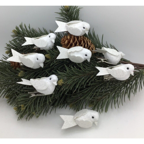 Songbird Ornaments Mini Tree Clip on Set 8 White Christmas White Glitter - Picture 6 of 7